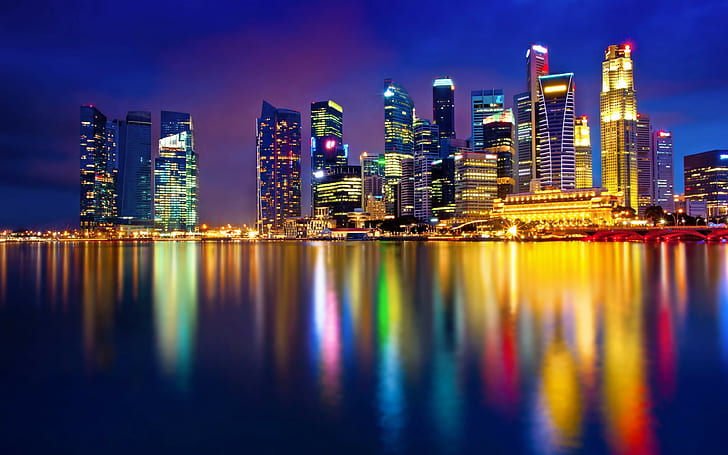 cityscape, night, colorful, reflection, Singapore