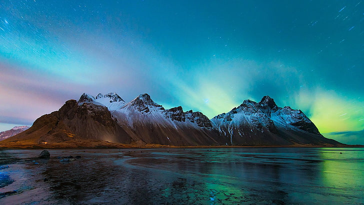 fjord, starry night, stars, night sky, iceland, stokksnes, vestrahorn, HD wallpaper