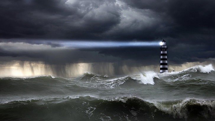 white and black lighthouse illustration, The OCEAN, The SKY, ELEMENT, HD wallpaper