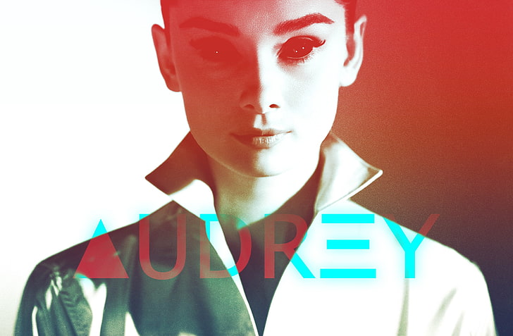 glitch art, Audrey Hepburn, portrait, front view, young adult