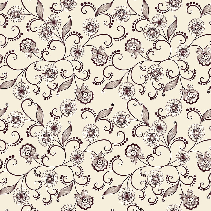 white and brown floral wallpaper, flowers, background, pattern