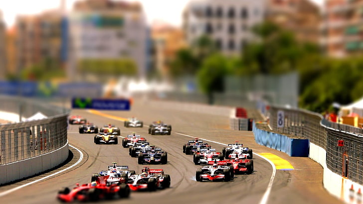 assorted-colored F1 car lot, Formula 1 race, racing, tilt shift