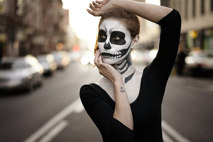 makeup, body paint, Sugar Skull, Dia de los Muertos, women, HD wallpaper