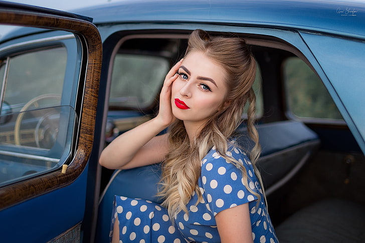 women with cars, red lipstick, model, portrait, polka dots