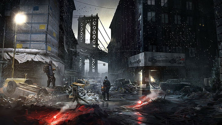 concept art  computer game  apocalyptic  Brooklyn Bridge  New York City  Tom Clancys The Division  Tom Clancys  Manhattan  video games