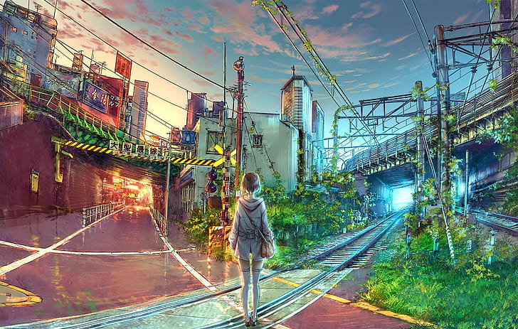 drawing, Yuumei, anime girls, urban, railway, cityscape, HD wallpaper