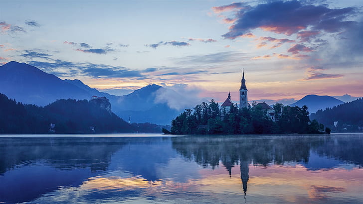 Lake Bled, Slovenia, Mariinsky Church, dawn, HD wallpaper