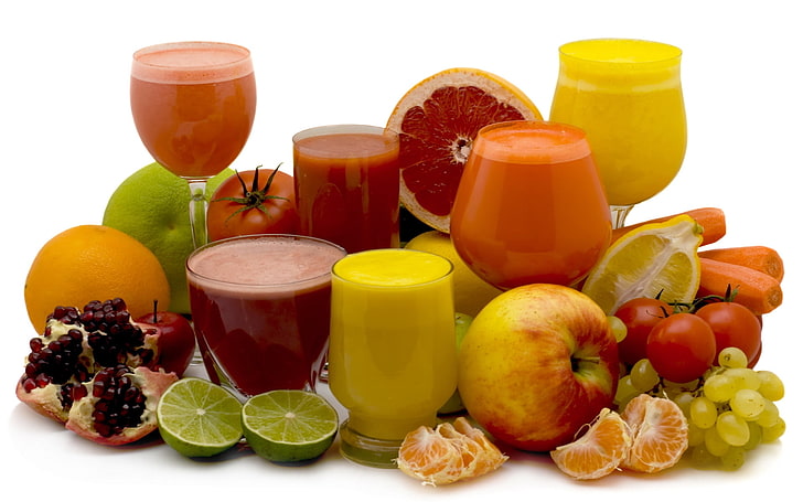 several fruit smoothies, juice, allsorts, pomegranate, lime, apples