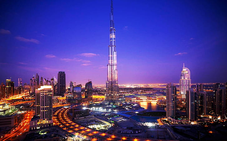 Burj Khalifa Tower Dubai, aerial photo of city and buildings