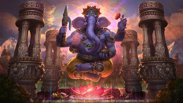 religion, gods, Ganesh, elephant, lotus flowers