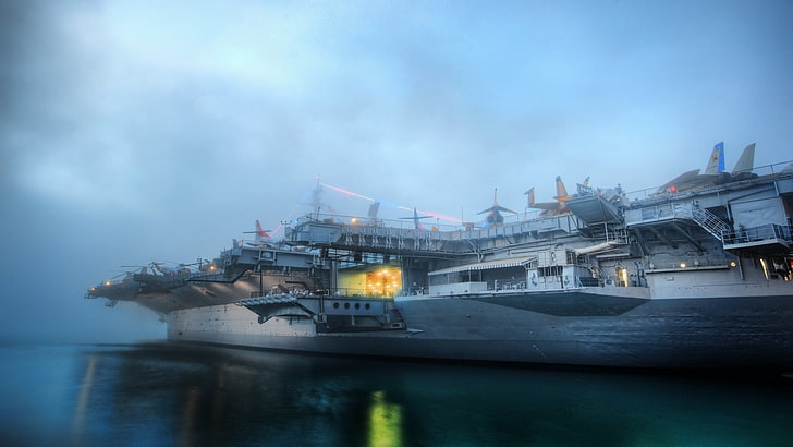 white and gray battleship, sea, aircraft carrier, USS Midway, HD wallpaper