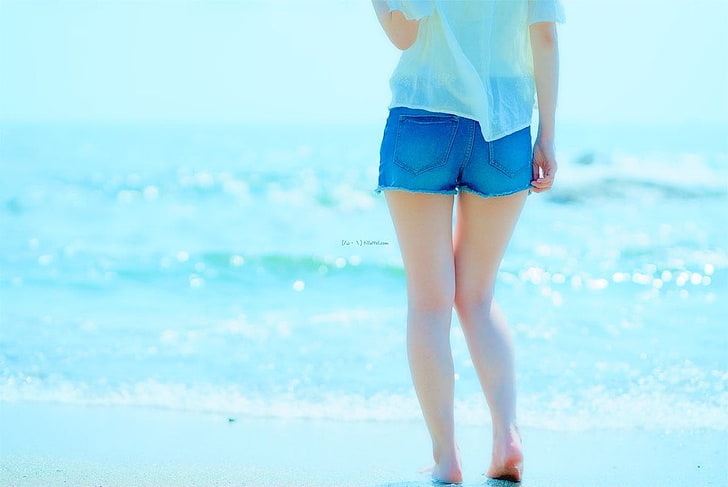 women's white top and blue denim shorts, beach, Japanese women