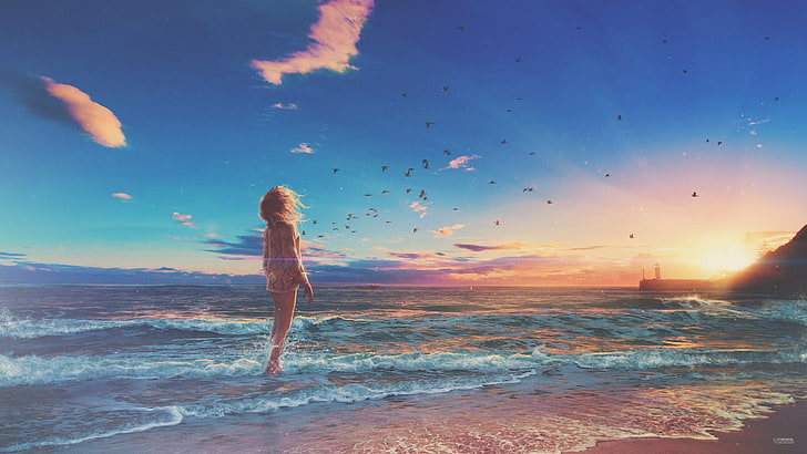 illustration of person in body of water, beach, sunset, waves