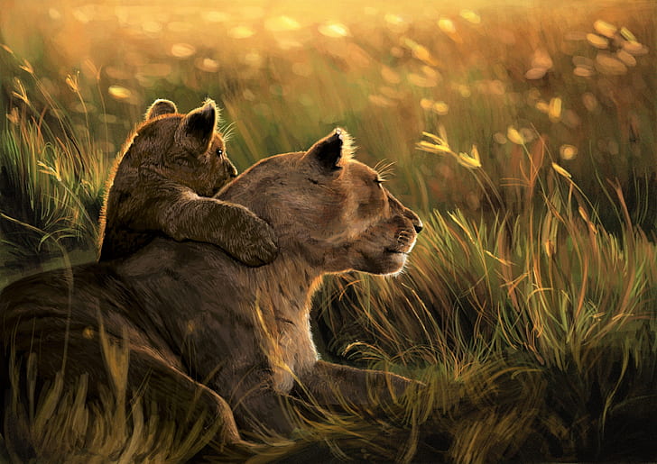 lion, cub, family, artwork, predator, wildlife, Animal