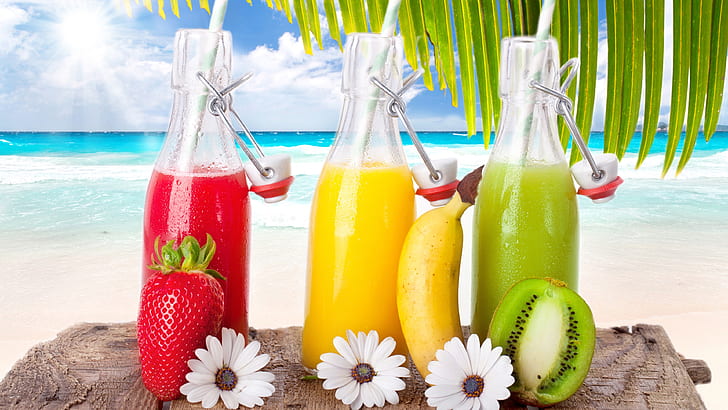 Fruit drinks, cocktails, strawberry, banana, kiwi, sea, beach, tropical, sun, HD wallpaper