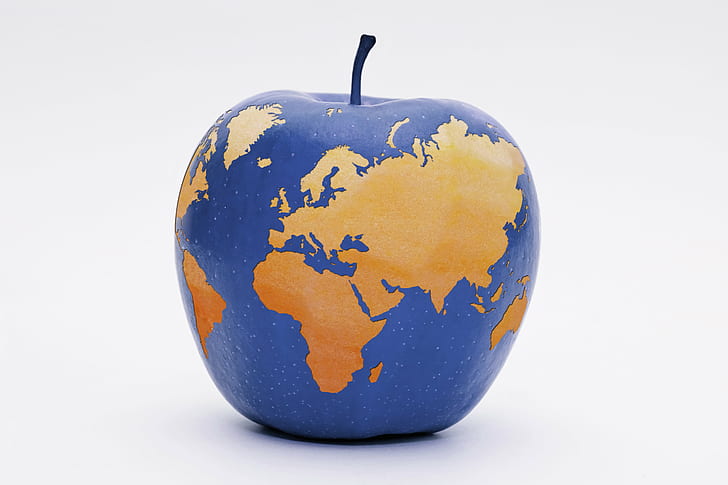 blue and brown apple, planet  earth, blue  space, globe, world