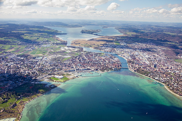 lake, Lake Constance, Konstanz, aerial view, city, town, water