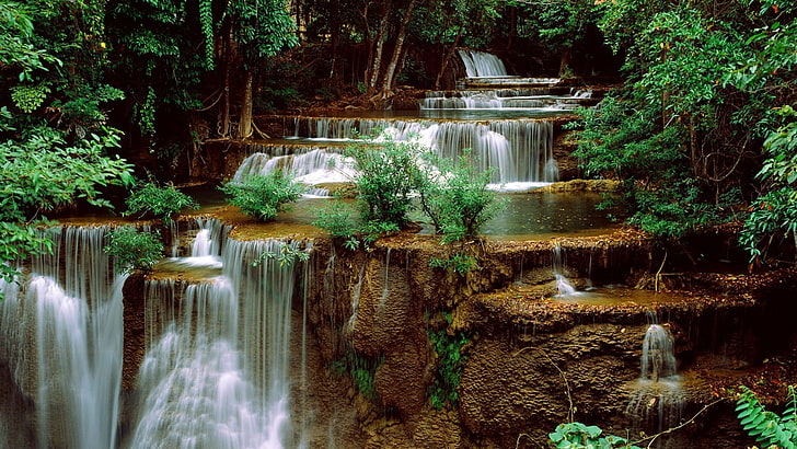 nature, garden, waterfall, park, landscape, stone, tree, forest, HD wallpaper