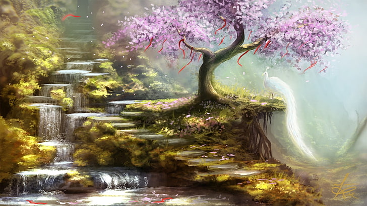 pink leaf trees and waterfalls painting, fantasy art, plant, nature, HD wallpaper