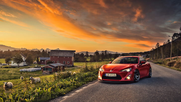 GT86, farm, Toyota, Toyota GT86, sheep, sunset, car, red cars