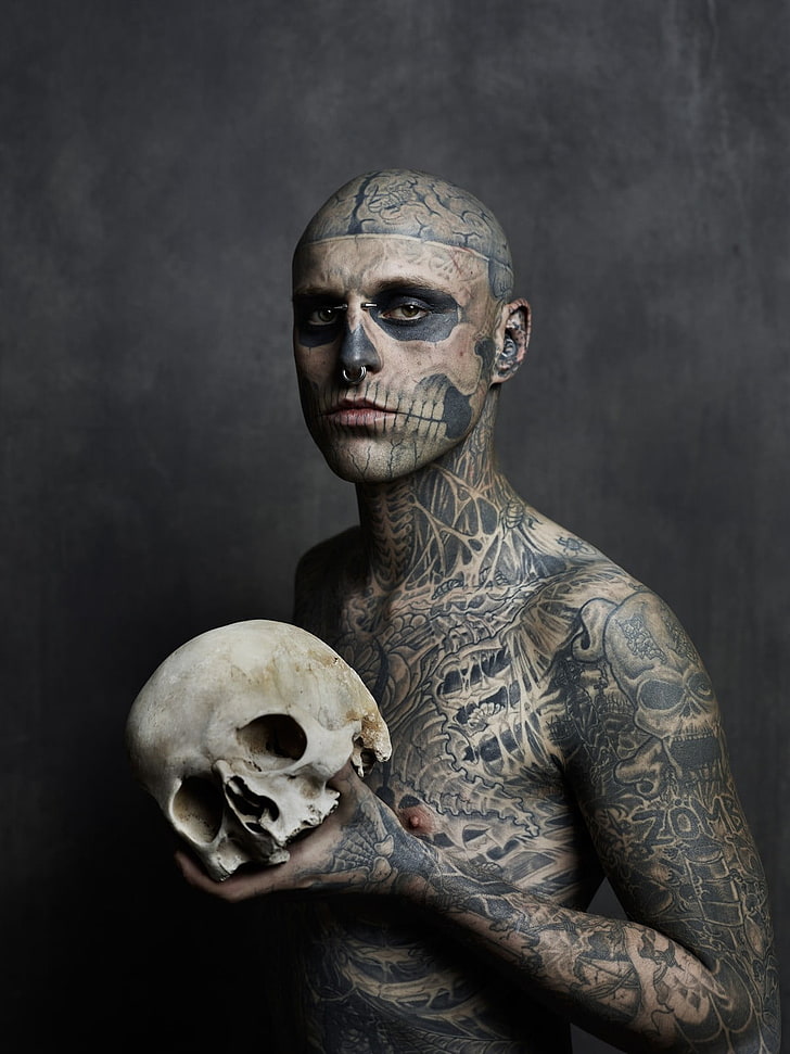 HD wallpaper: black whole body tattoo, men, shirtless, Rico the Zombie, Rick Genest