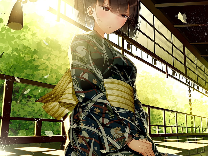 HD wallpaper: anime girl, kimono, sitting, traditional house, short hair |  Wallpaper Flare