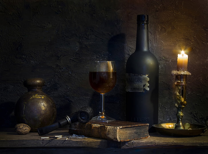wine bottle and wine glass, candle, tube, wax, Still life, alcohol, HD wallpaper