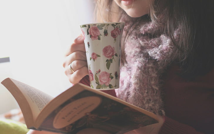 brunette, books, floral, scarf, cup, women