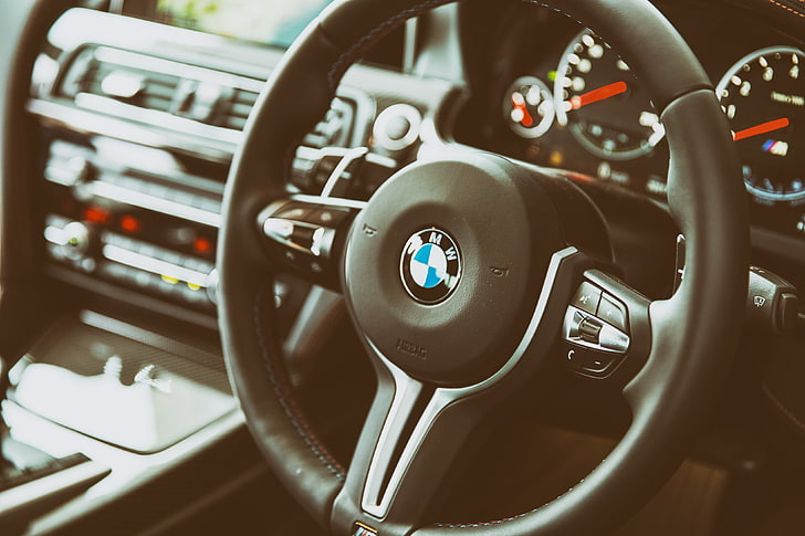 black BMW steering wheel, m6, interior, dashboard, speedometer, HD wallpaper