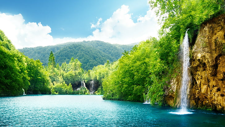 HD wallpaper: nature, water, green, nature reserve, sky, waterfall, lake |  Wallpaper Flare