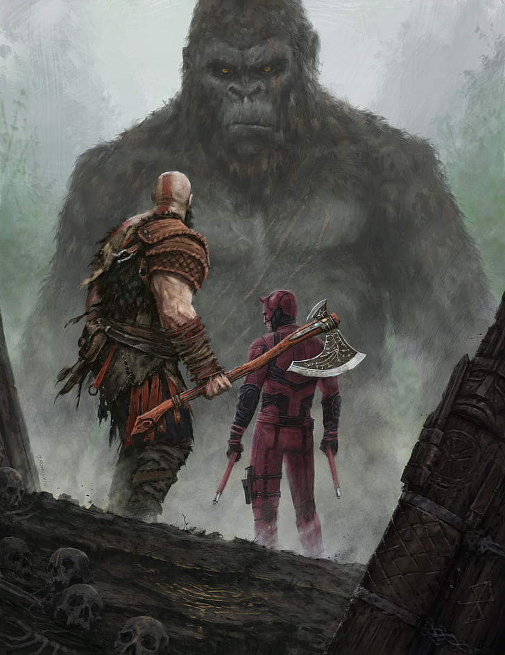 God of War, Kratos, King Kong, Daredevil, crossover, God of War (2018), HD wallpaper