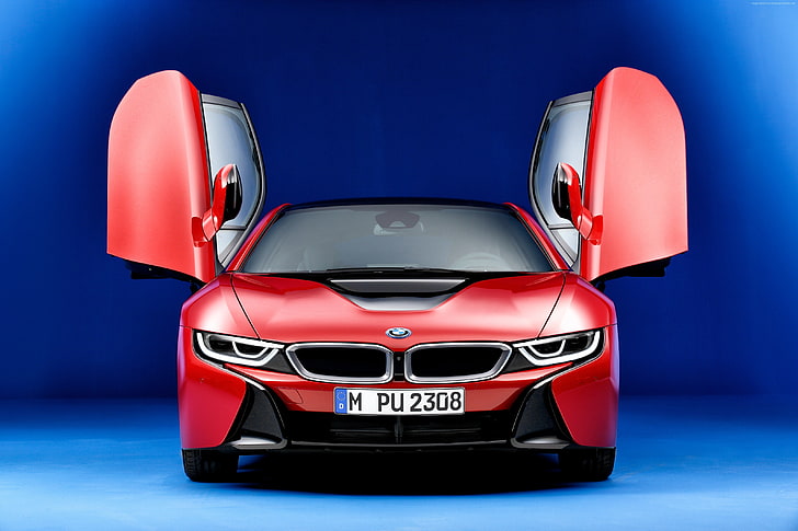 red, hybrid, BMW i8 