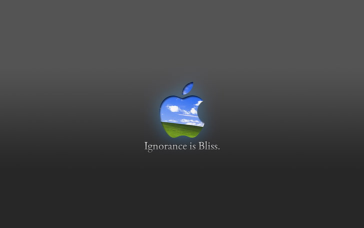 Ignorance is Bliss text, hills, serenity, Apple, copy space, black background