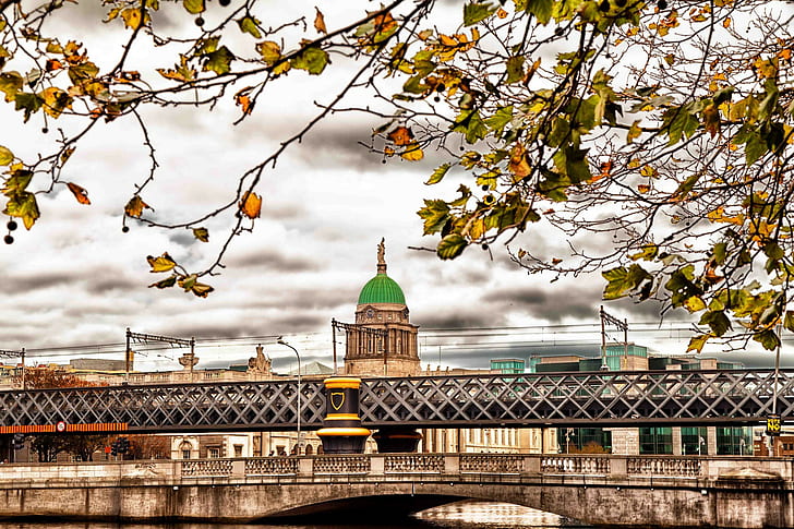 Ireland, Dublin, green dome top and beige concrete bridge, Autumn