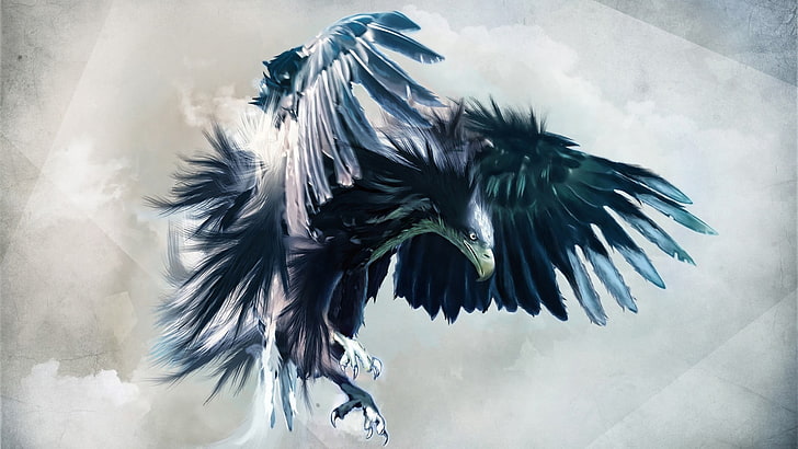 gray eagle illustration, animals, artwork, bird, spread wings, HD wallpaper