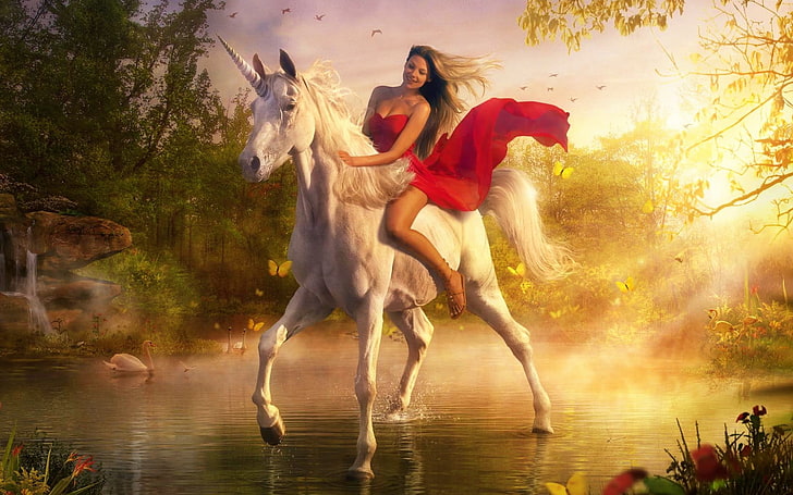 woman riding unicorn wallpaper, water, girl, tale, horse, horseback Riding