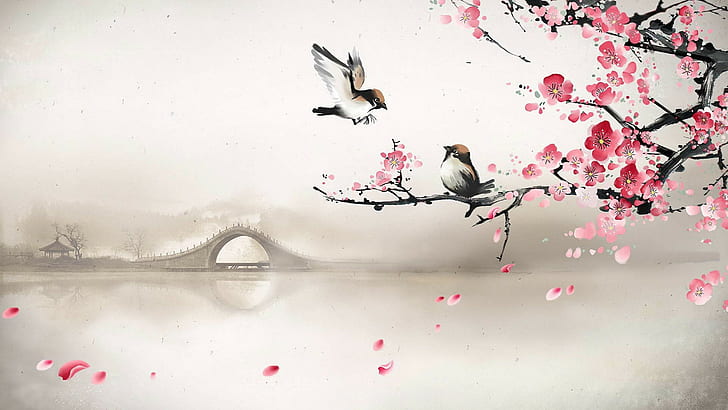 Drawing Cherry Blossom Birds Flowers HD, digital/artwork