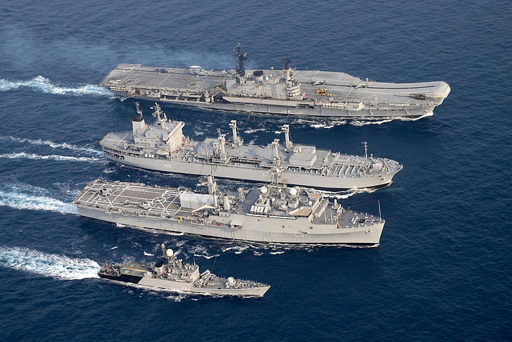four gray battle ships in the sea, INS Viraat (R22), INS Jalashwa (L41)