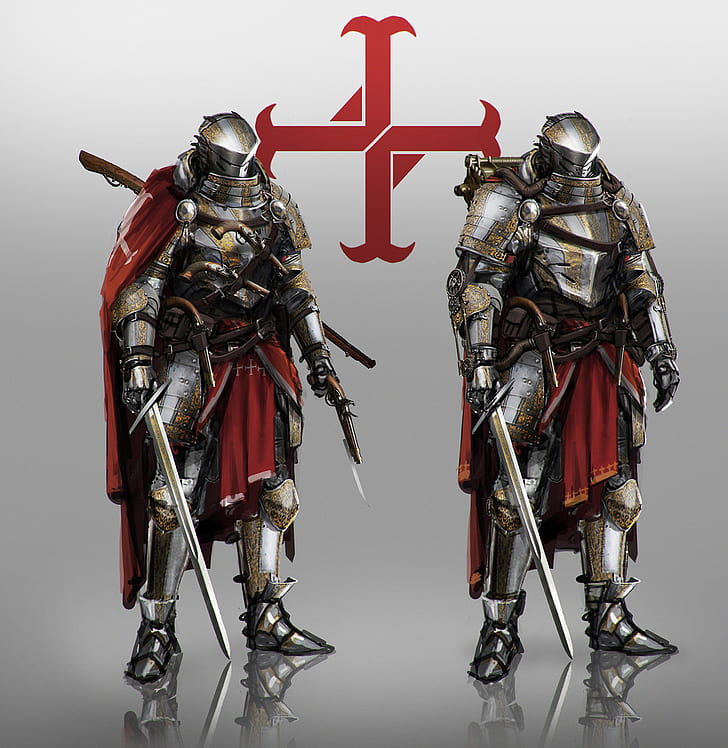 drawing, men, warrior, knight, Templar, helmet, armor, cape, HD wallpaper