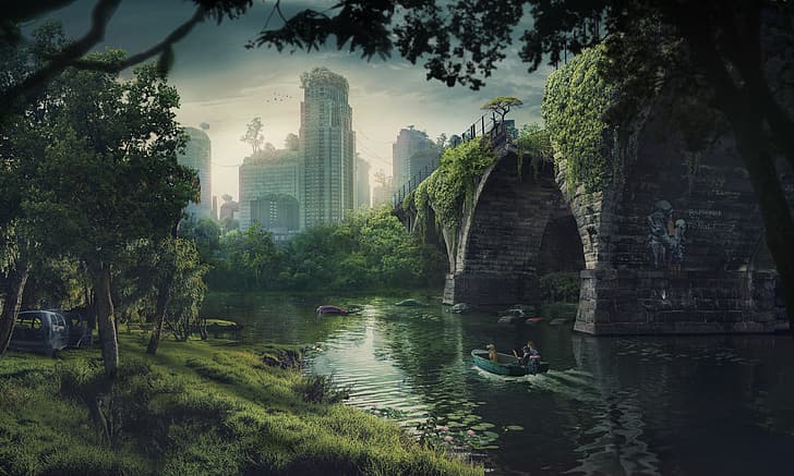 Edit Ballai, post apocalypse, bridge, city, HD wallpaper