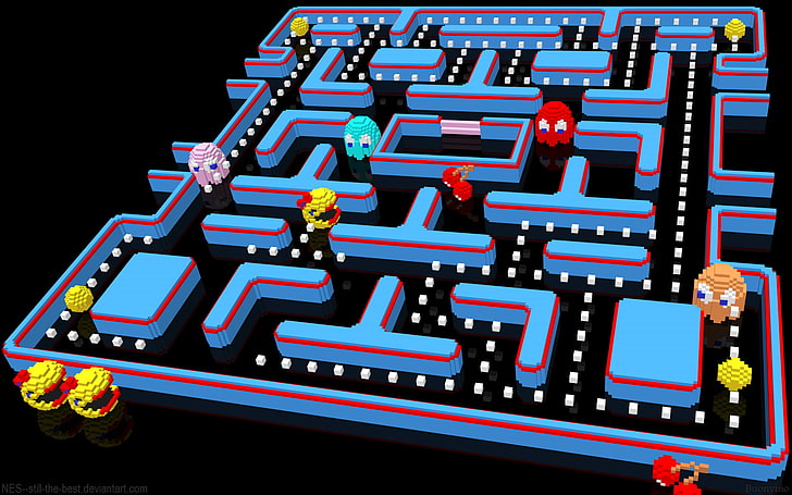 Pac-Man game application screenshot, pixels, pixel art, 3D, black background