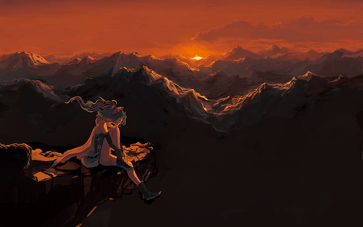 HD wallpaper: Anime Sunset Mountains Drawing Landscape HD, cartoon/comic |  Wallpaper Flare