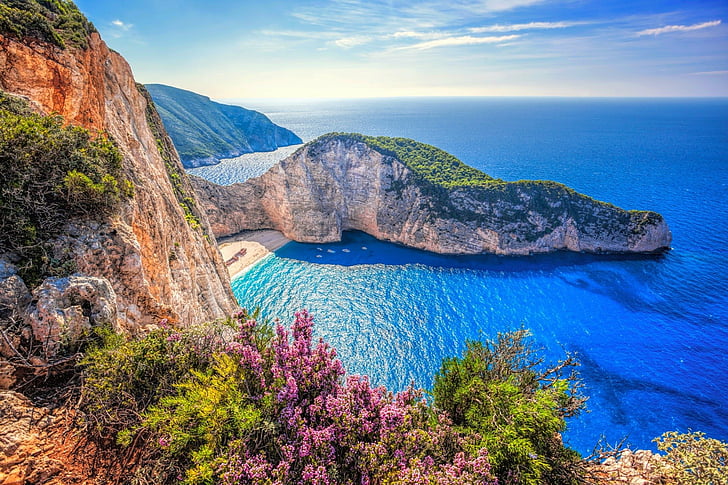 Earth, Ocean, Beach, Cliff, Flower, Greece, Horizon, Navagio Beach