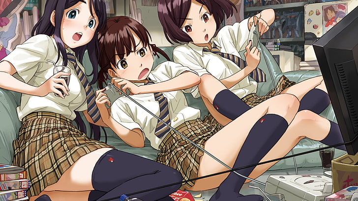 Hd Wallpaper Anime Girls Beauties Cute Girls Playing Video Games