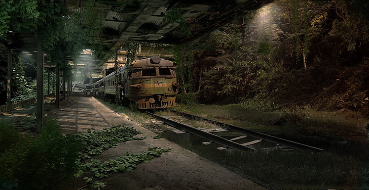 brown and green train, digital art, subway, railway, apocalyptic