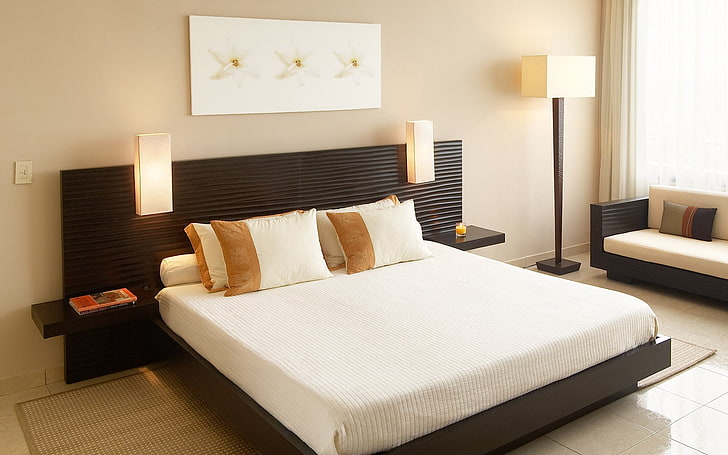 white mattress, bedroom, style, interior, domestic Room, hotel, HD wallpaper