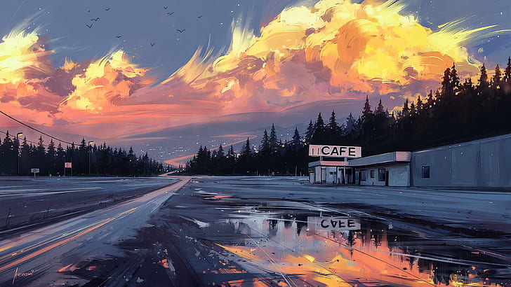 road, sunset, figure, art, Horizon, landscape, cafe, Aenami