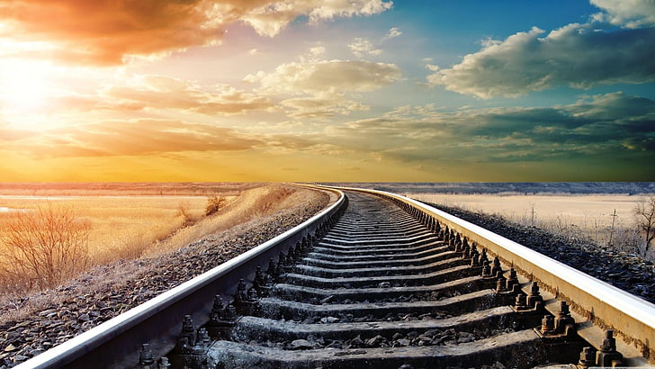 long, endless, sky, train tracks, horizon, cloud - sky, sunset, HD wallpaper
