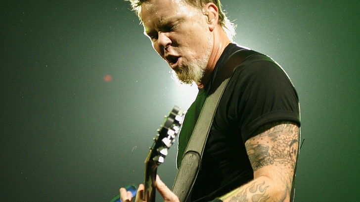 men's black crew-neck shirt, Metallica, James Hetfield, guitar