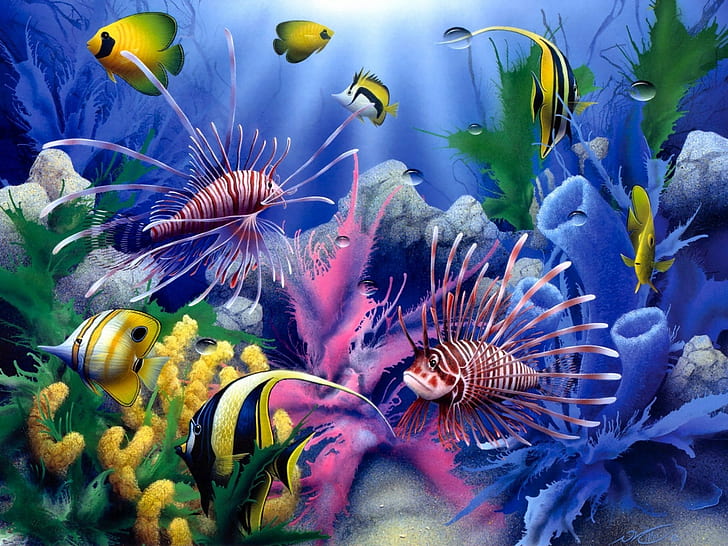 HD wallpaper: animals, art, color, Coral, david, fishes, life, lions ...